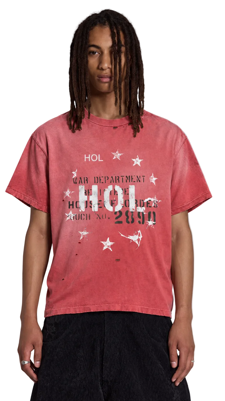 Front view of washed-red HOL oversized tee with lettering and star graphics